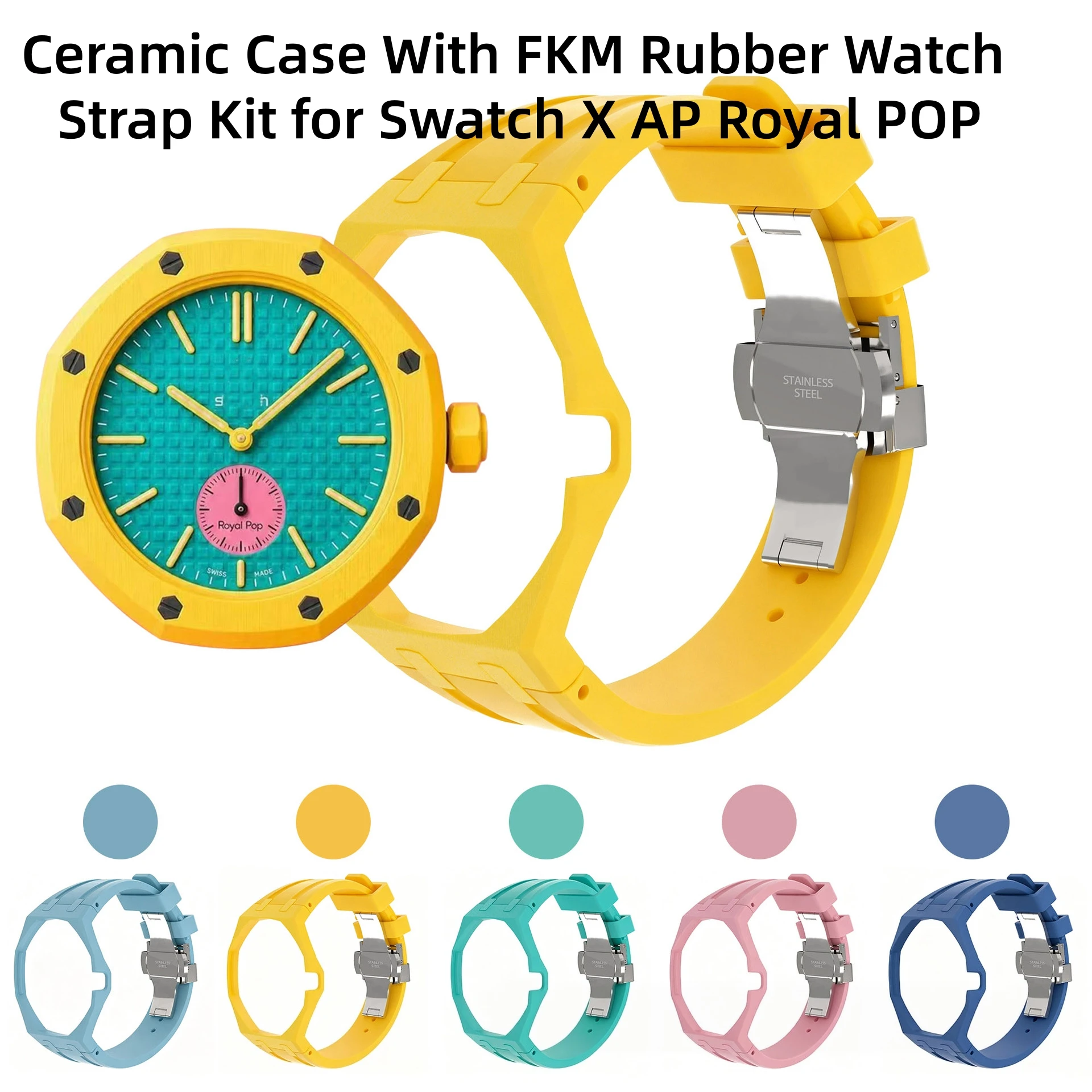 Brushed Ceramic Case With FKM Rubber Watch Strap Kit for Swatch X AP Royal POP With Fold Buckle Kit Changer For 3/12 Clock