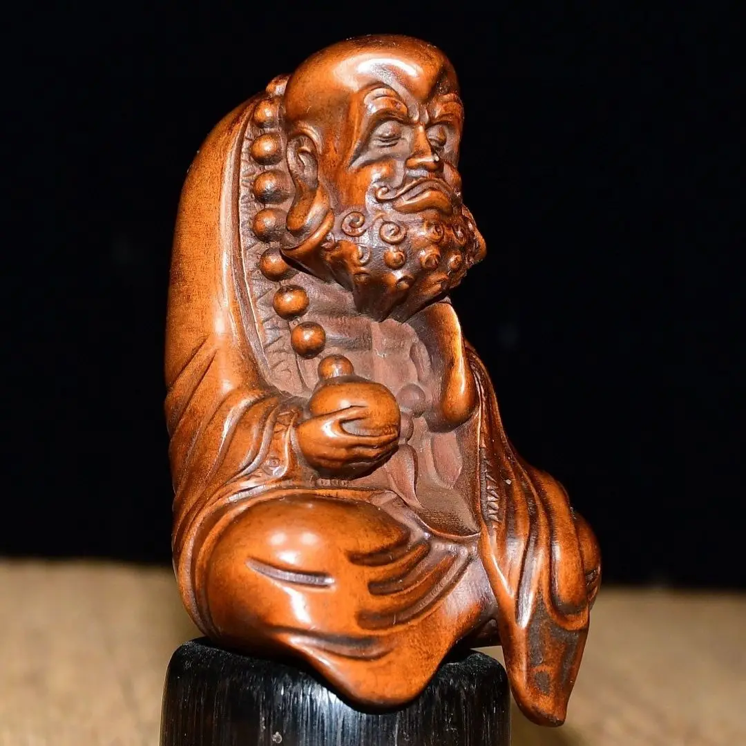 Hand Carved Wood sit cross-legged Dharma Master Statue Figurine Desktop Ornaments Home Decoration Crafts Tea Pet Decor