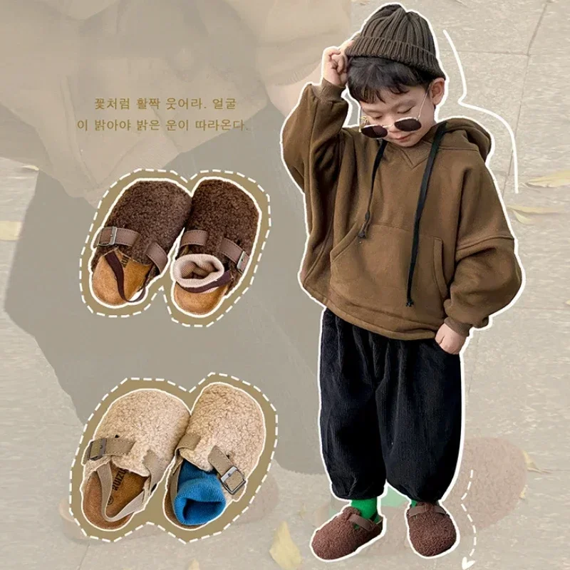 Children's Fleece Elastic Clogs Baby Boys Girls Plush Slipper Toddler Prewalker Footwear Winter Warm Soft Sole Shoes