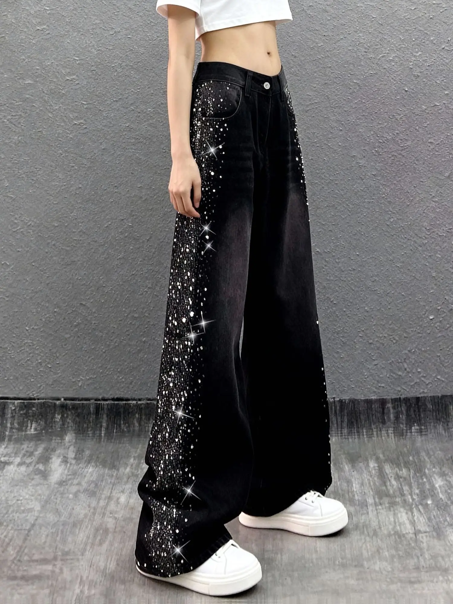 

Spring 2026 Women's Heavy Du Rhinestone Denim High Waist Cover Hip Slim Wide Leg Long Pants Casual Sle Multi ket