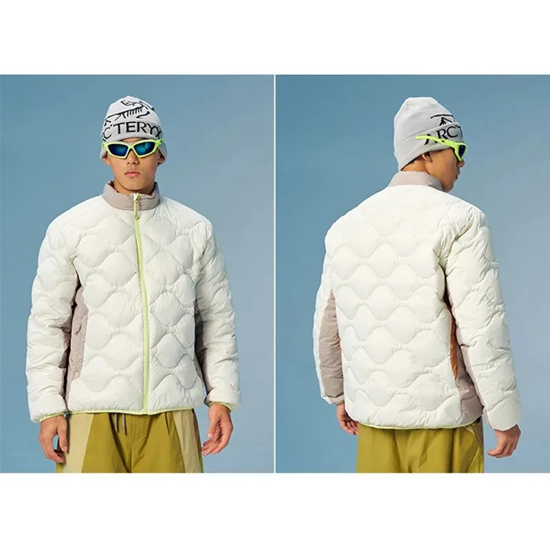 Unisex 90% White Duck Down Jacket – Lightweight Water-Repellent Gourd-Quilted Stand Collar Puffer with Colorblock Design
