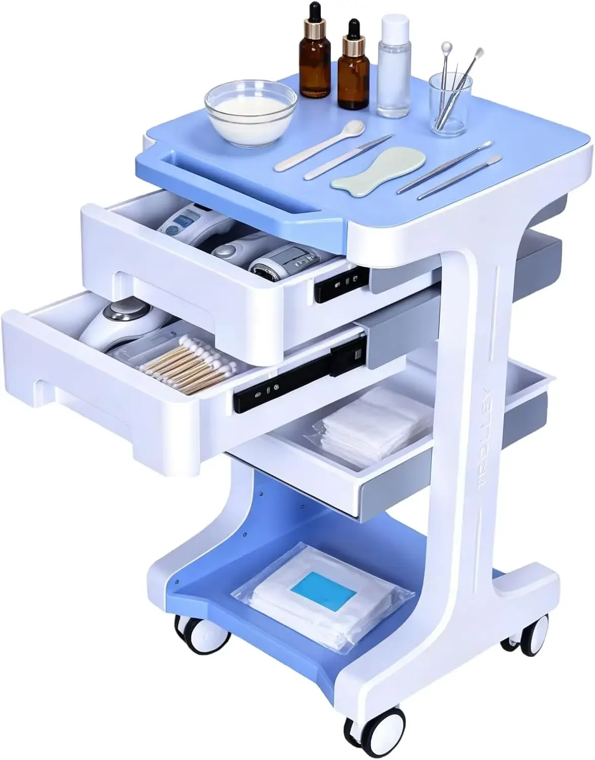 3 Tier Beauty Salon Rolling Trolley with 2 Drawers 4 Wheels Mobile Storage Carts Max 110LBS Load Lab Ultrasound Carts for Hospit