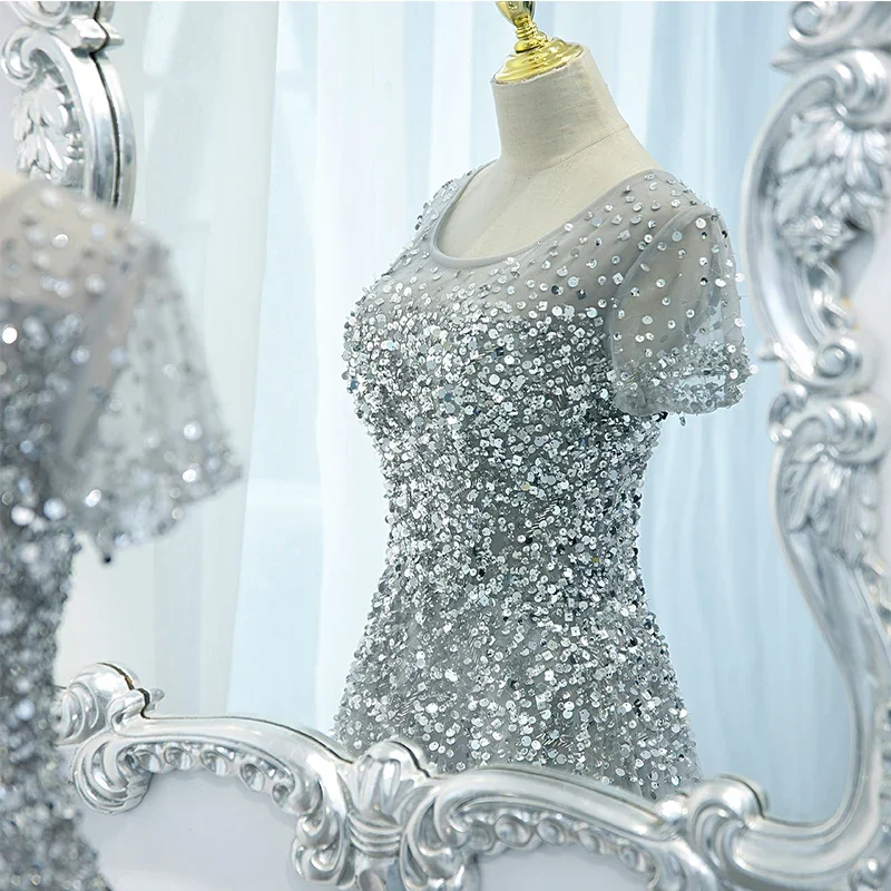 Customized  Luxury Grey Evening Dress Elegant Short Sleeve Glittering Sequins Beading A-line Party Formal Gowns Vestidos