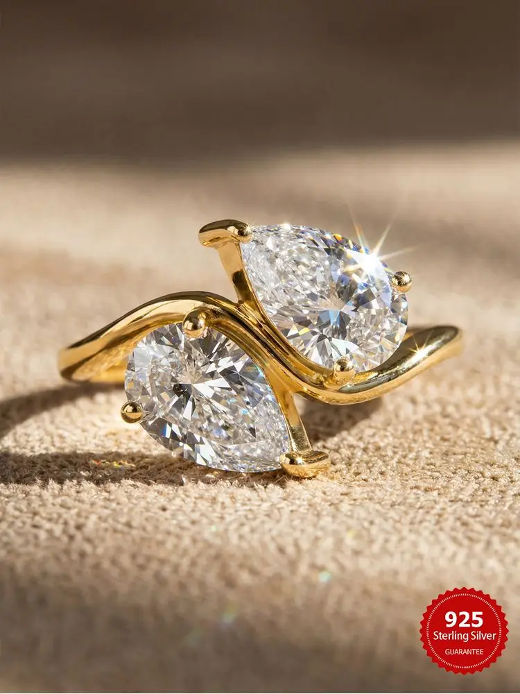 Funkelnder doppelter Wassertropfen-Zirkon-Ring aus 925er-Sterlingsilber für Frauen, Verlobung, Hochzeit, luxuriöser, hochwertiger edler Schmuck