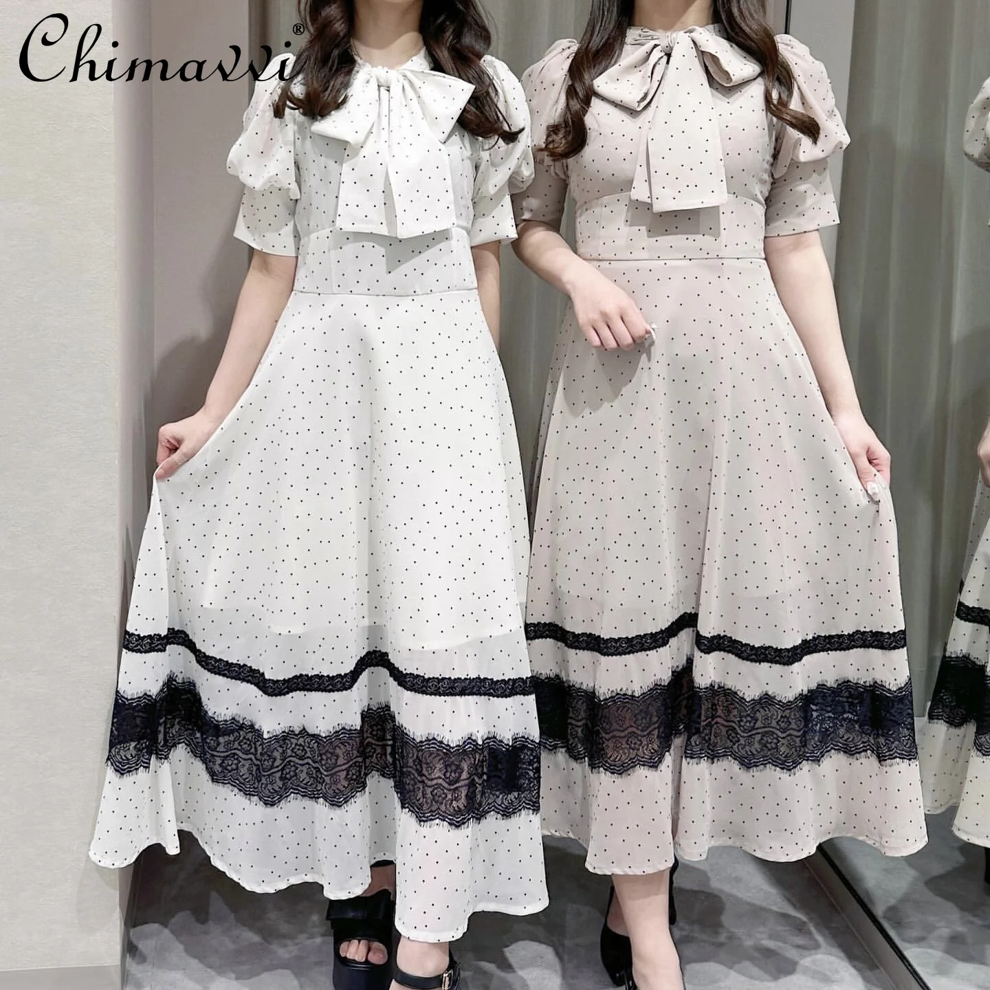

Japanese Sweet Polka Dot Eyelash Lace Bow Chiffon Dress 2025 Summer New Cute Girl Short Sleeve Fairy Elegant Long Dress Women