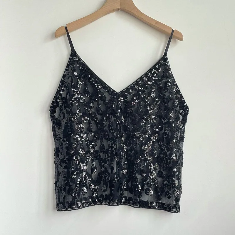 2024 Summer New Stacked Sequined Bead Sling Suspender Sexy Slim Fit Cropped V-Neck Mesh Spice Girl Ins Camis Chic Top