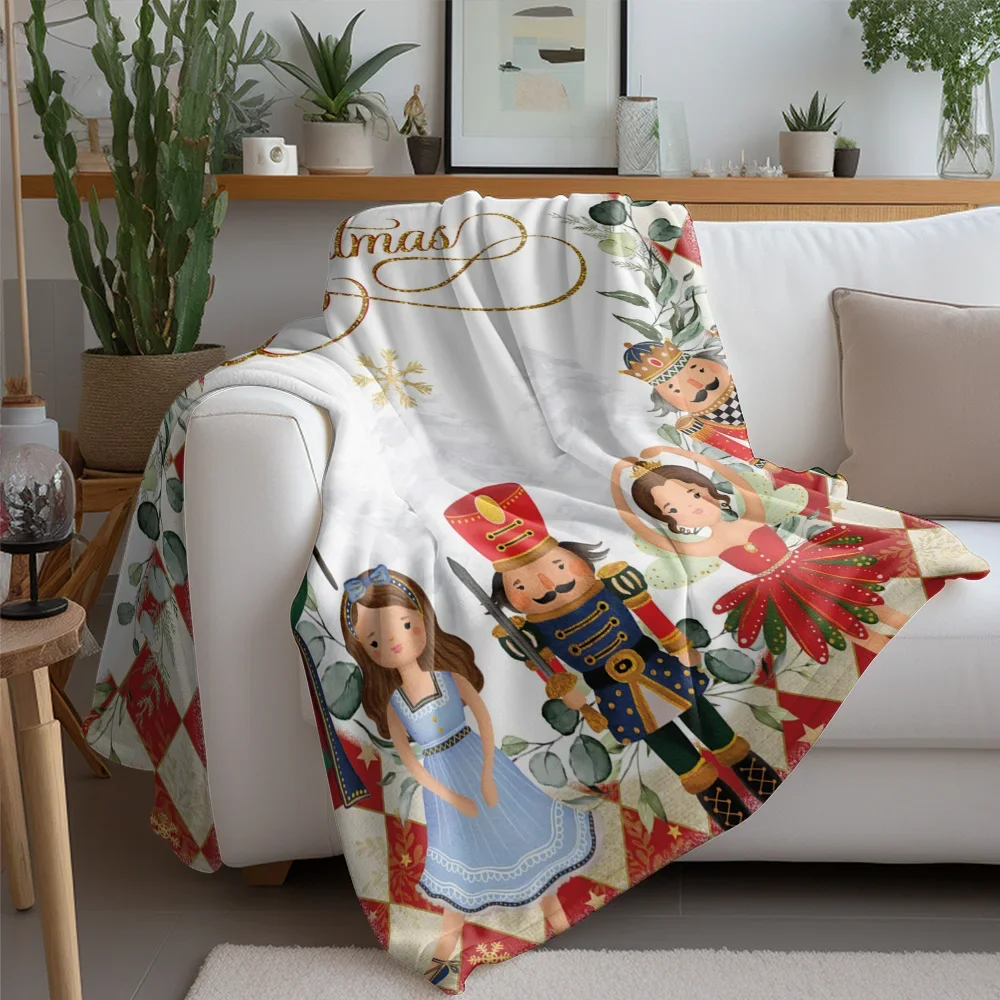 Nutcracker Ballet Christmas Fleece Blanket, Golden Merry Christmas Script with Character Collection, Classic Holiday Throw