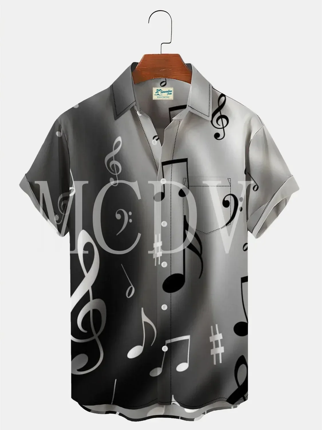 Royaura Men's Holiday Music Gradient Hawaiian Button Short Sleeve Shirt