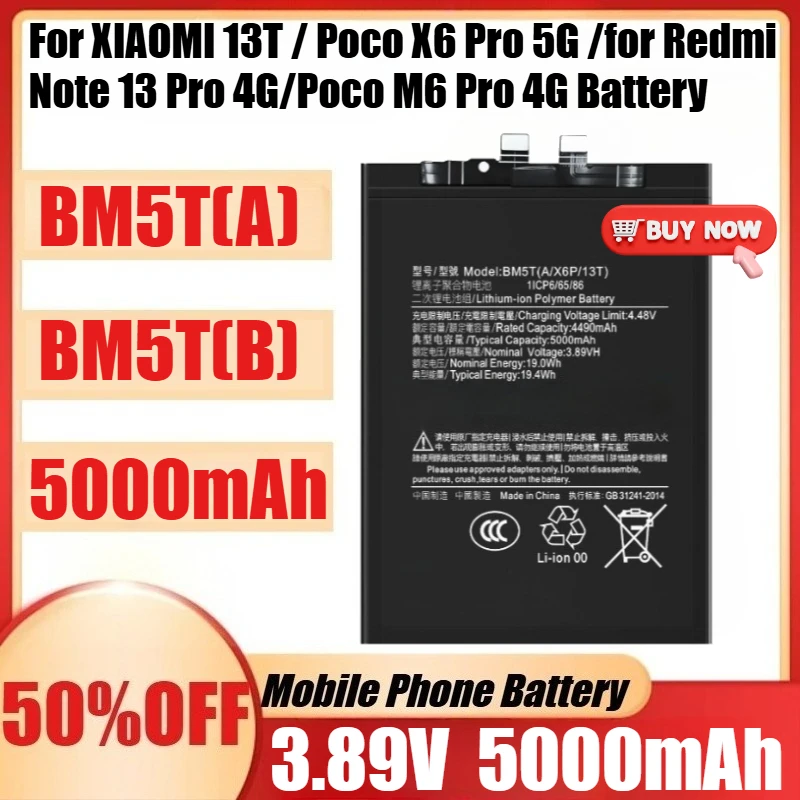 

New BM5T 3.89V 5000mAh Battery for XIAOMI 13T / Poco X6 Pro 5G /for Redmi Note 13 Pro 4G/Poco M6 Pro 4G Battery +Tools