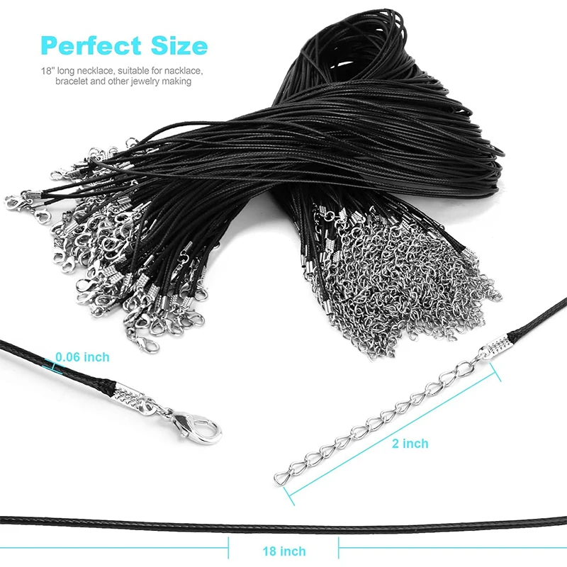 50Pcs Premium Leather Necklace Chains Bracelet Cord with Clasps for Pendants, Bulk Waxed Rope Necklace String, Black , 18\