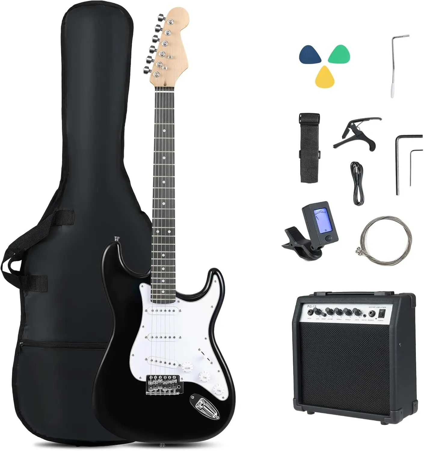 Electric Bass Guitar 6 String 39-inch Full Size Starter Kit with Amp, SSS Pickups, and Accessories: Gig Bag, Strap, Digital Tuner, Capo, Picks, Cable - Black