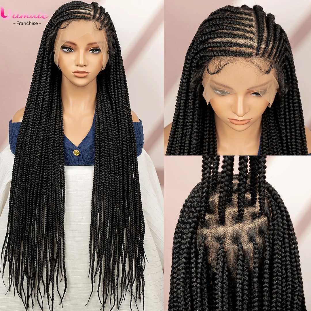 

Синтетический плетеный парик Fulani 36 дюймов, длинные волосы, прозрачные полные кружевные косички, защитные парики для чернокожих женщин