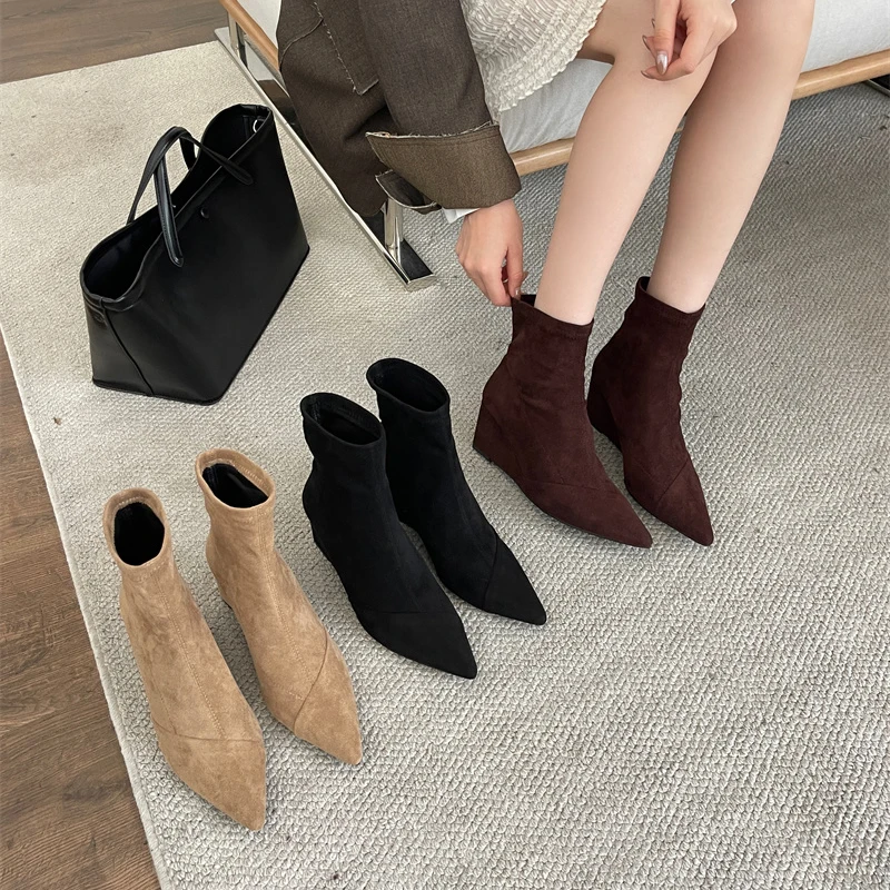 

wedges Sock Boots Woman Shoes autumn winter high heels Ankle Boot kid suede pointed toe modern Boots slip on elevator shoes