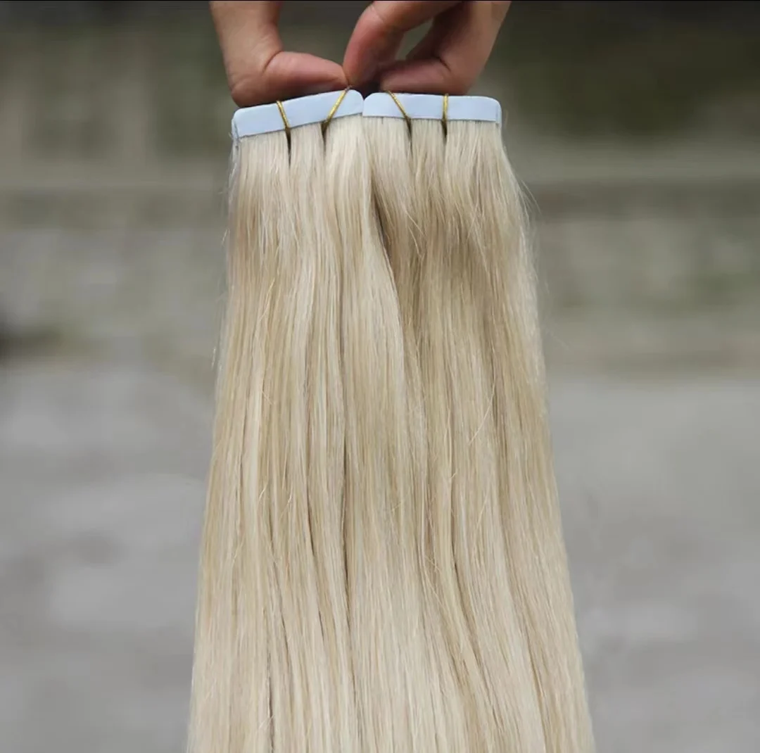 Extensiones de cabello humano Remy, cinta recta, Rubio blanco platino claro, trama de piel de PU sin costuras, 100% virgen Real, #60