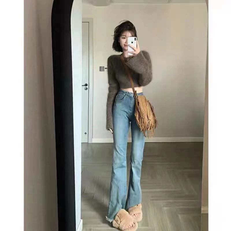 달콤하고 매운 소녀 스타일 마이크로 플레어 진 레트로 블루 한국 스타일 하이웨이스트 슬림 플러스 사이즈 여성용 롱 팬츠