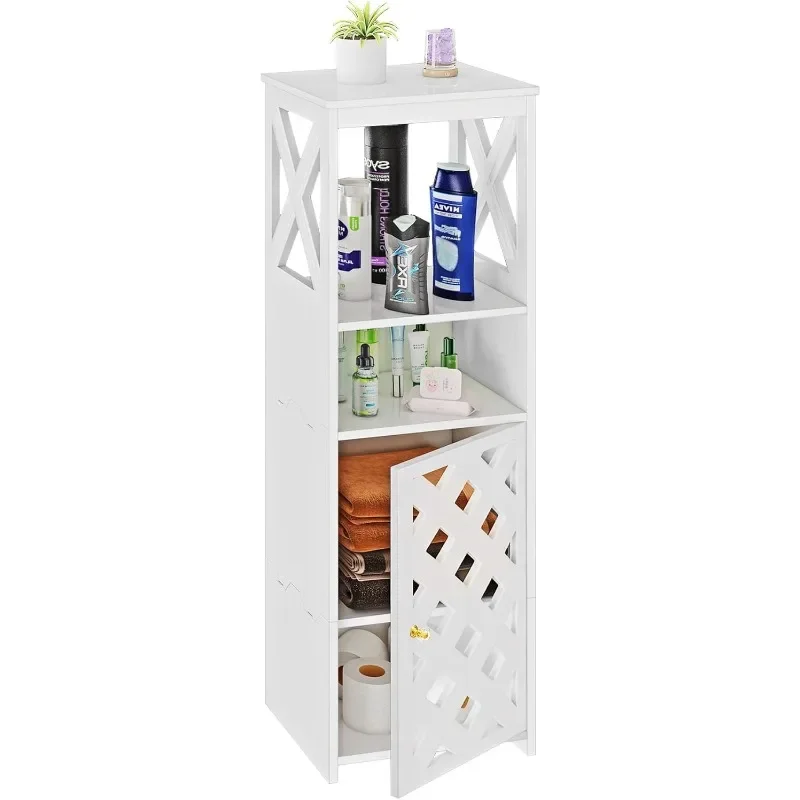 5-Tier Bathroom Storage Cabinet, White Bathroom Floor Cabinet Freestanding Organizer with Door and Open Shelf