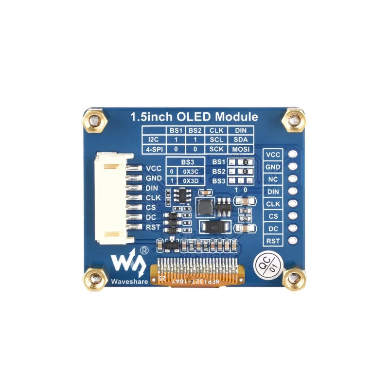 Waveshare-Écran OLED de 1.5 Pouces, 128x128 Pixels, Niveau de Gris 16 Bits éventuelles I/I2C, Compatible avec Ardu37/ Raspberry Pi / STM32