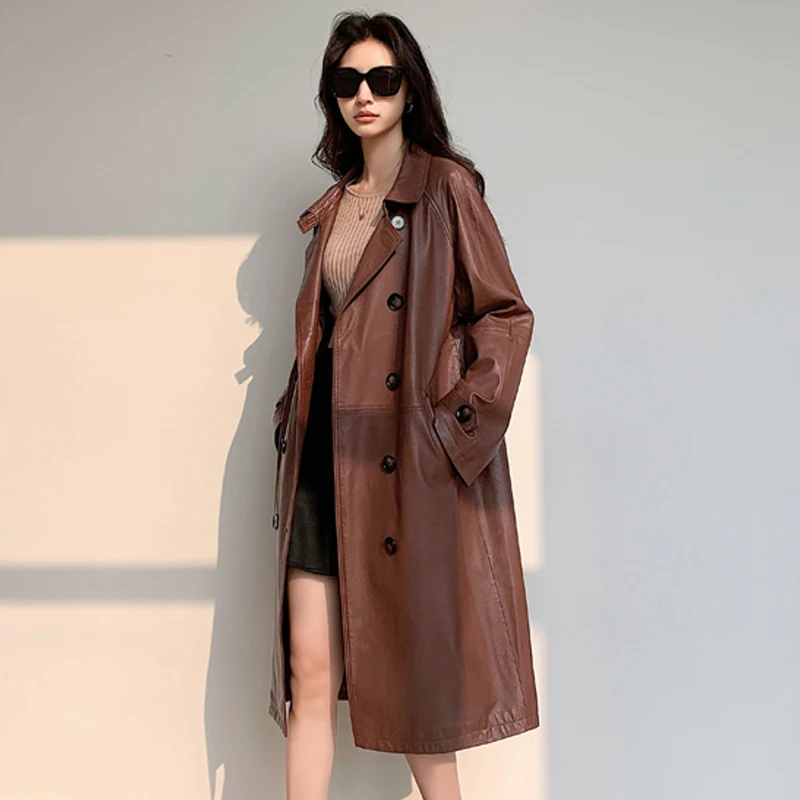 Trench-Coat Long en peau de mouton pour femme, veste en cuir à Double boutonnage, ample, Texture cireuse, Style britannique, automne hiver