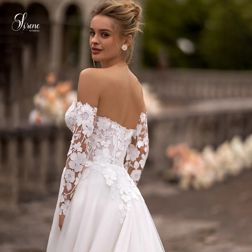 Sirene Strapless Sheer Lace Lange Mouw Eenvoudige 3D Bloemen Hoge Split Open Rug Bruidsjurken Elegante Vestidos De Novia Aangepast