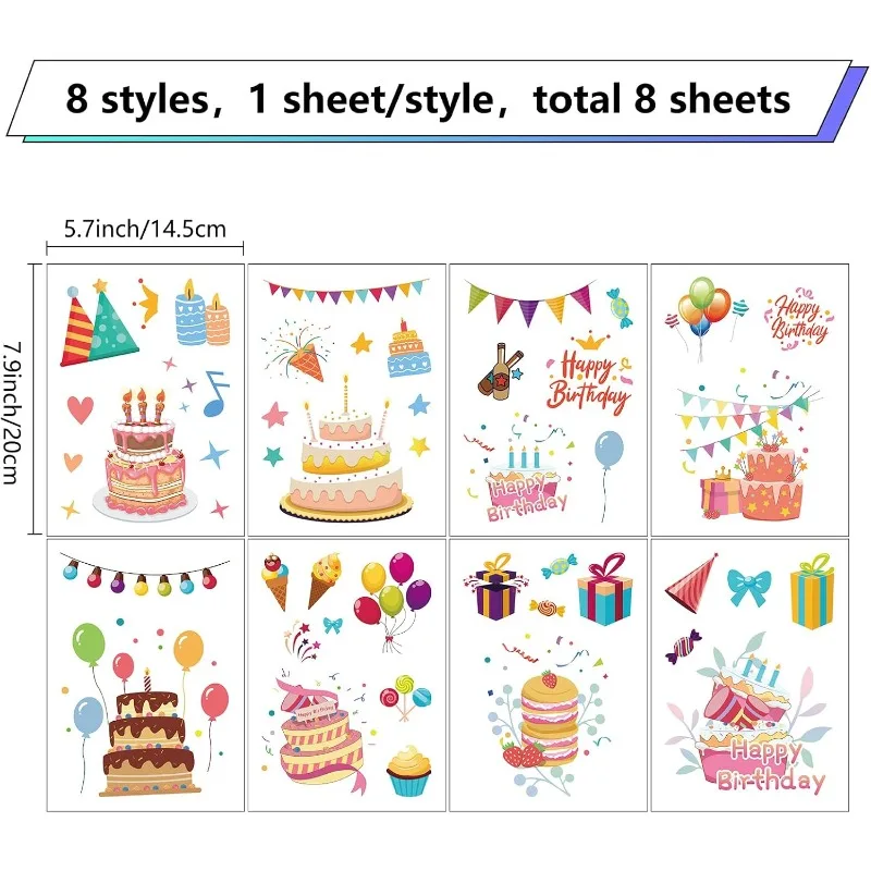 1Set 8 Styles Happy Birthday Cake Wall Stickers Decals Balloon PVC Window Waterproof Self Adhesive Vinyl Cling Peel and Stick