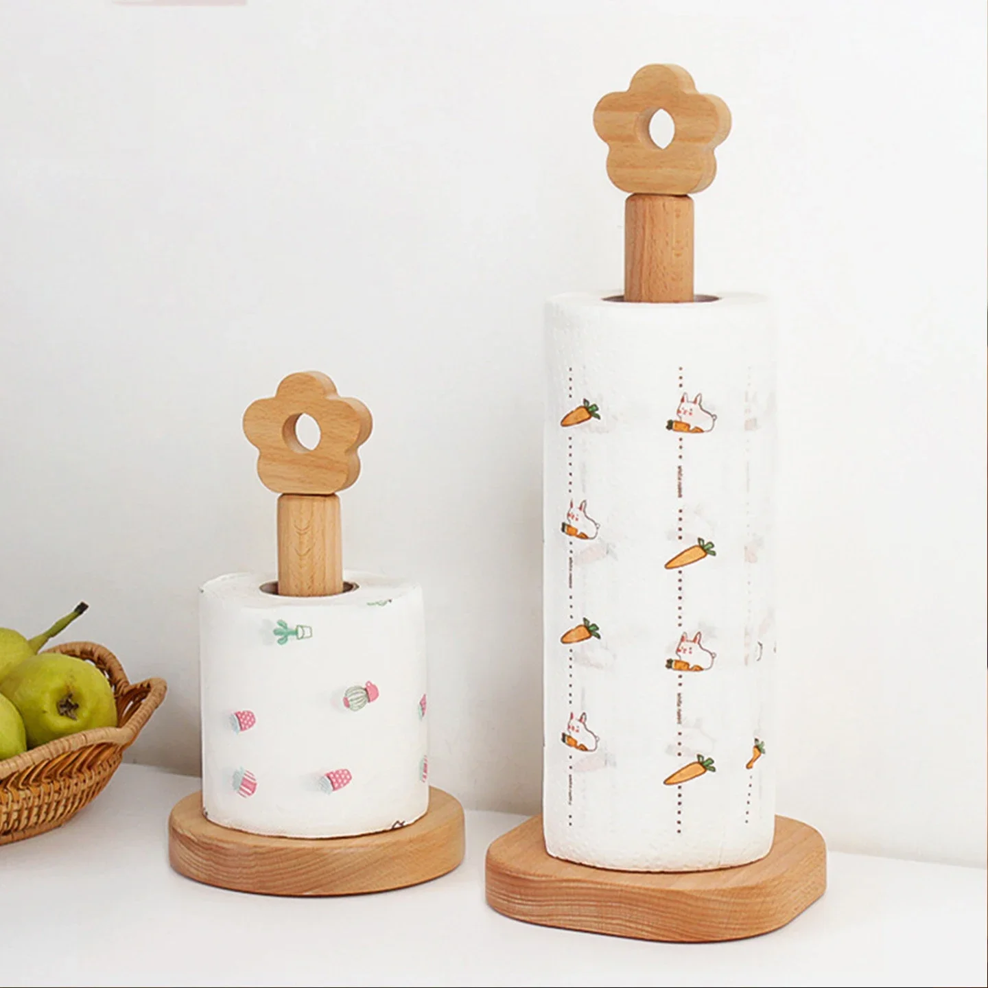yesHeMu Natural Beech Wood Paper Towel Holder Stand, Countertop Roll Dispenser with Flower Top, Rustic Kitchen Bathroom Accessor