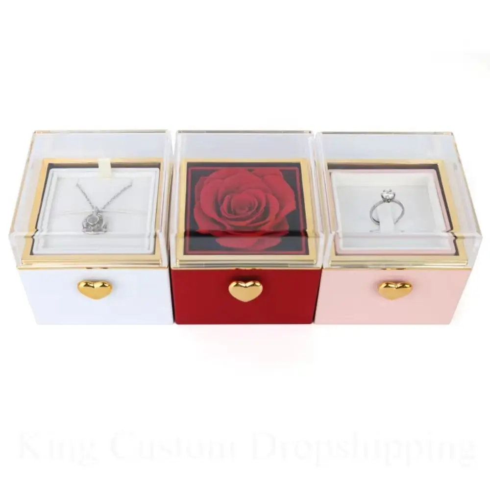 

Rotation Rose Jewelry Gift Box Ring Display Eternal Rose Proposal Ring Boxes Dustproof Luxury Jewelry Display Rack Wedding