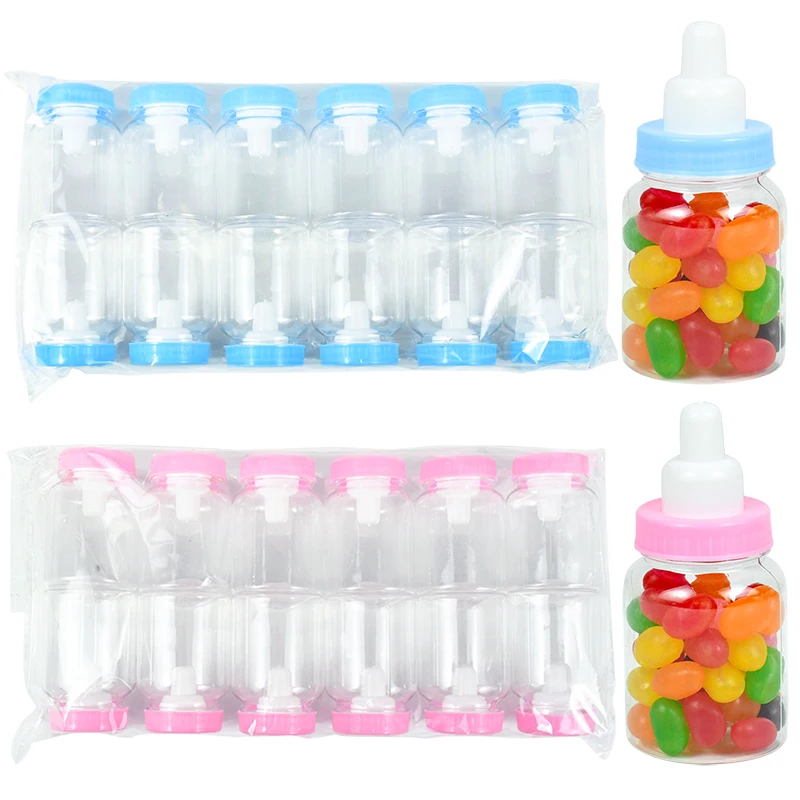 12pcs Transparent Plastic Feeder Bottle Cute Blue Pink Candy Box Gender Reveal Baby Shower Party Favor Chocolate Gifts Packaging