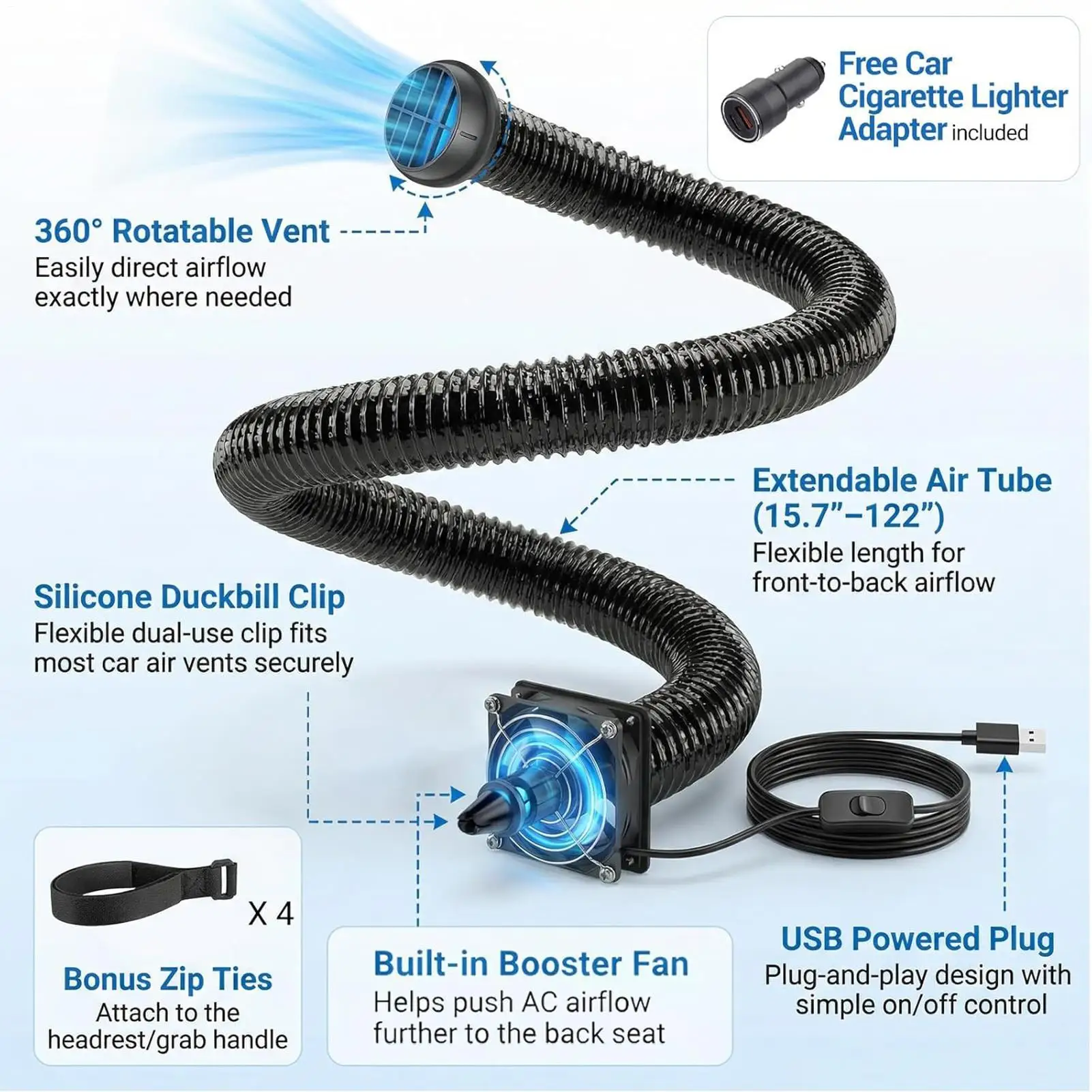 Car AC Vent Extender With USB Airflow Fan 3 Meters Auto AC Vent Extender For Kids Pets SUV Truck Sedan Pickup Van Trailer view 4