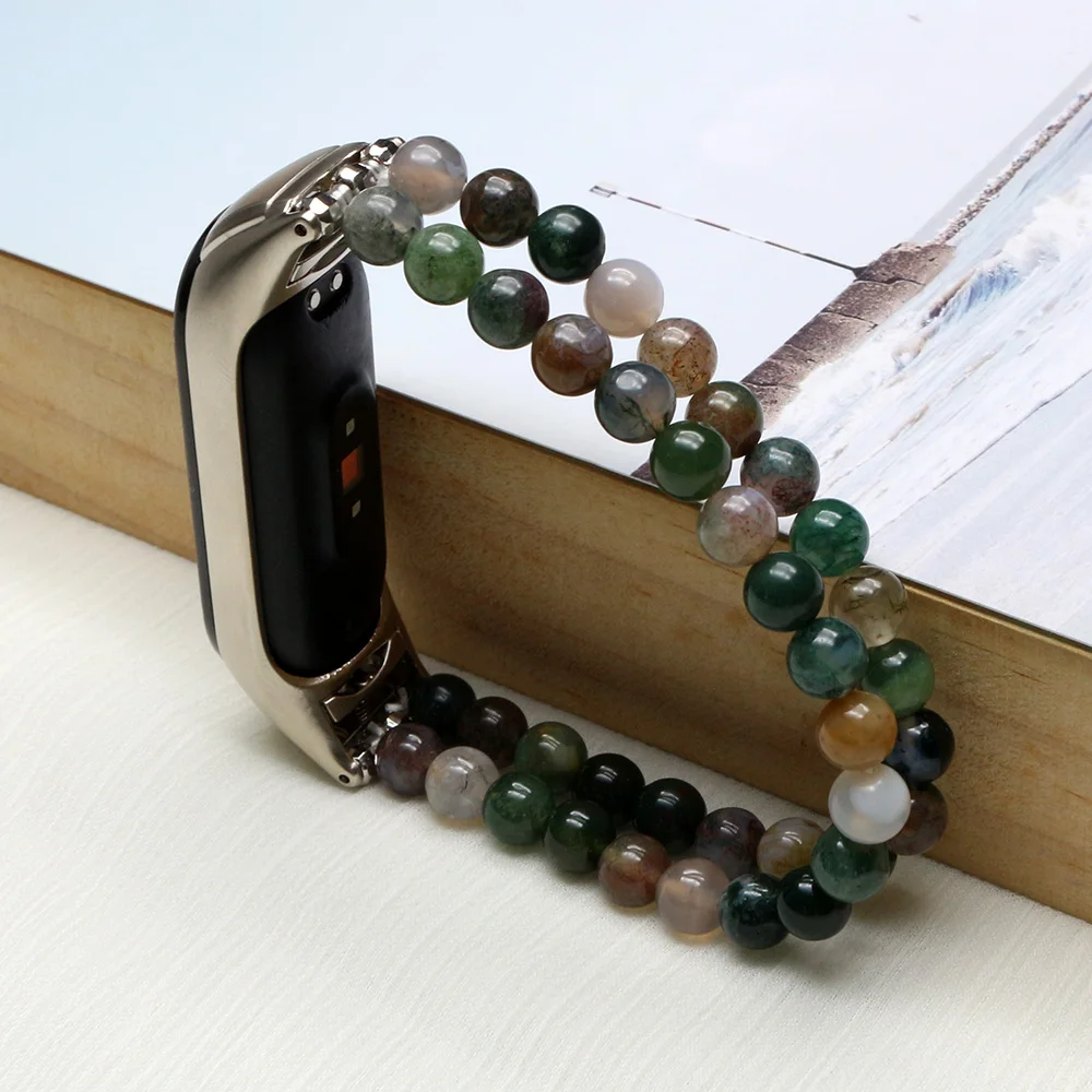 Fashion Watch Band for Xiaomi Wristband Mi Band 8 7 Women Natural 6mm Agate Bead Elastic Strap for Mi Band 6/5/4 Bracelet DIY