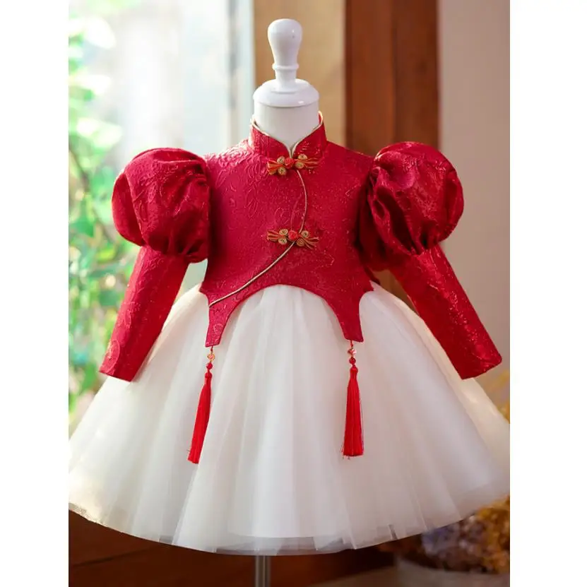 

High-End Children's Princess Evening Gown Long Sleeved Mesh Design Wedding Birthday Baptism Eid Party Girls Red Dress A3162