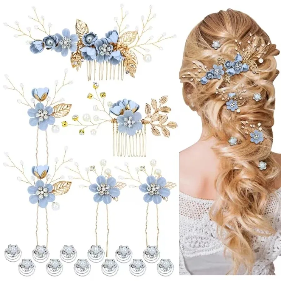 

18 Pieces Bridal Wedding Party Prom Pearl Rhinestone Flower Hair Side Combs Slides+U-shaped Flower Hair Pins+Twist Spiral Hairp