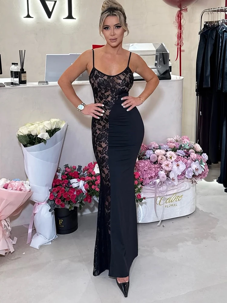 

Oniflyme кружевное лоскутное платье макси на тонких бретельках женское сексуальное прозрачное облегающее платье с открытой спиной элегантные вечерние платья Vestido