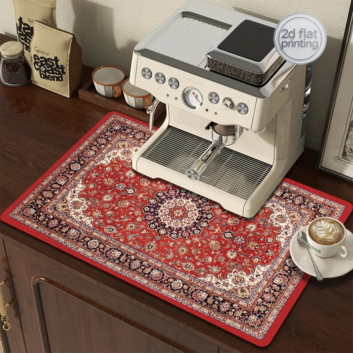 1pc Coffee Machine Absorbent Pad with Retro Pattern Design - Quick-Dry, Heat Resistant, Multi-Functional Tableware Drying Mat fo