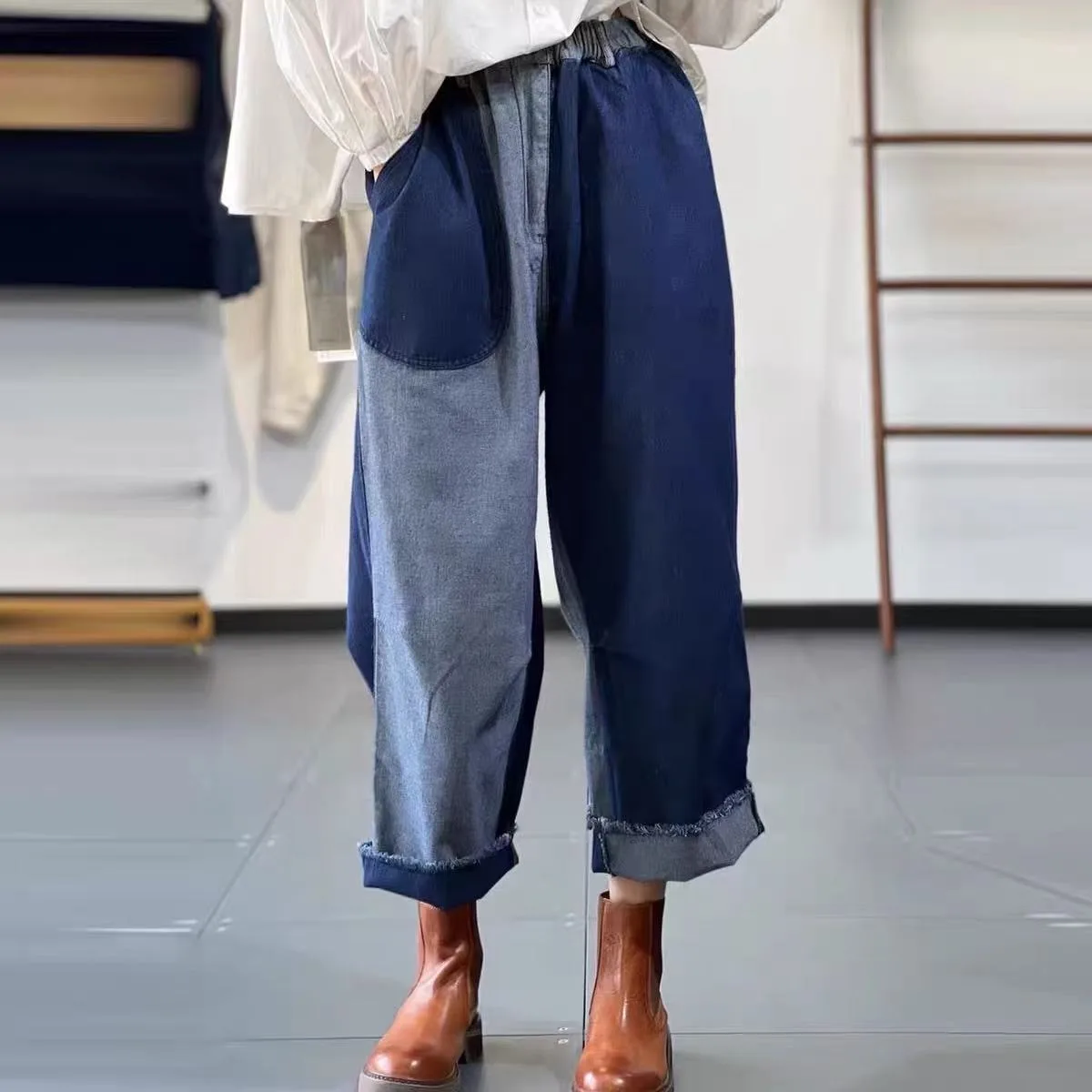 Casual High Waist Wide Leg Jeans Women's Spring Autumn Faion Trend Color Blo Slimming Straight Cut Blue Denim Trousers