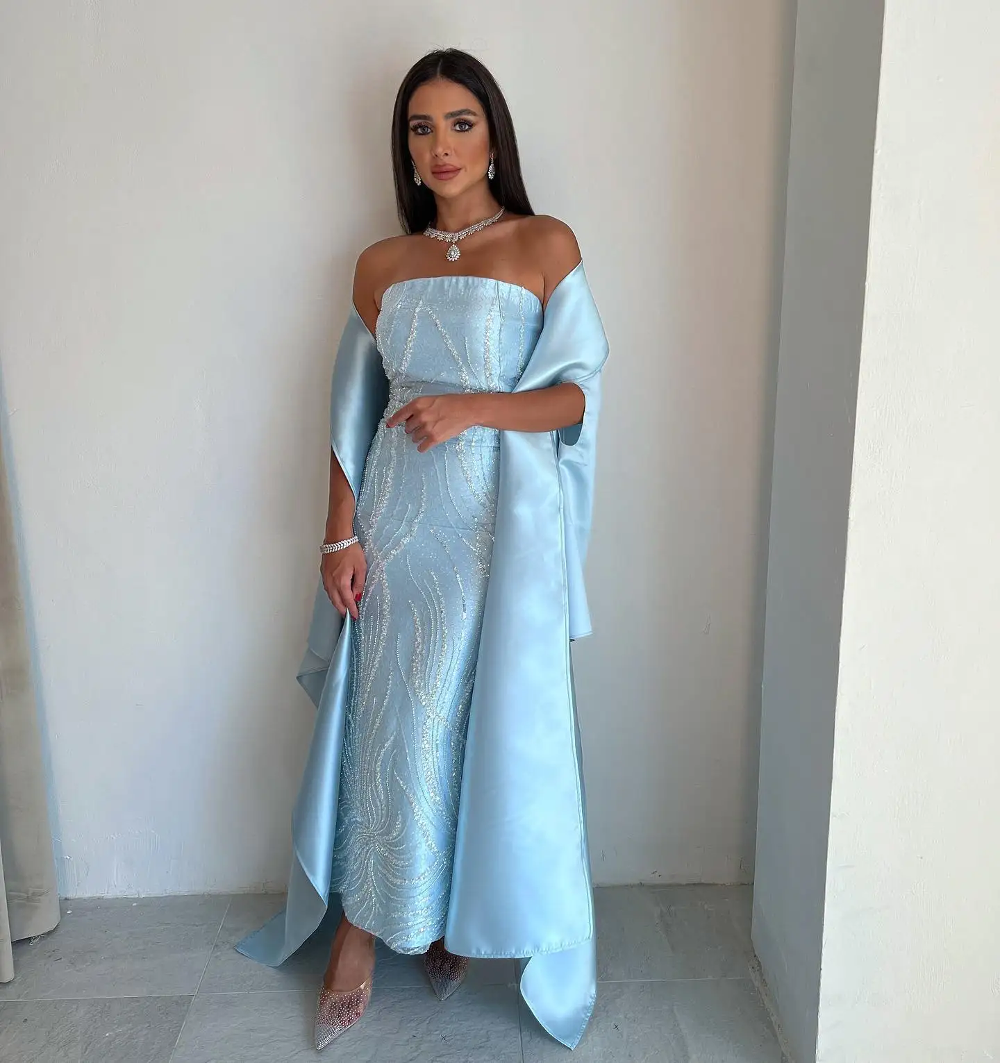 Aenyrst Sky Blue Strapless Satin Sequins Saudi customized Evening Dresses Straight Shawl Prom Dress Ankle Length Party Gowns