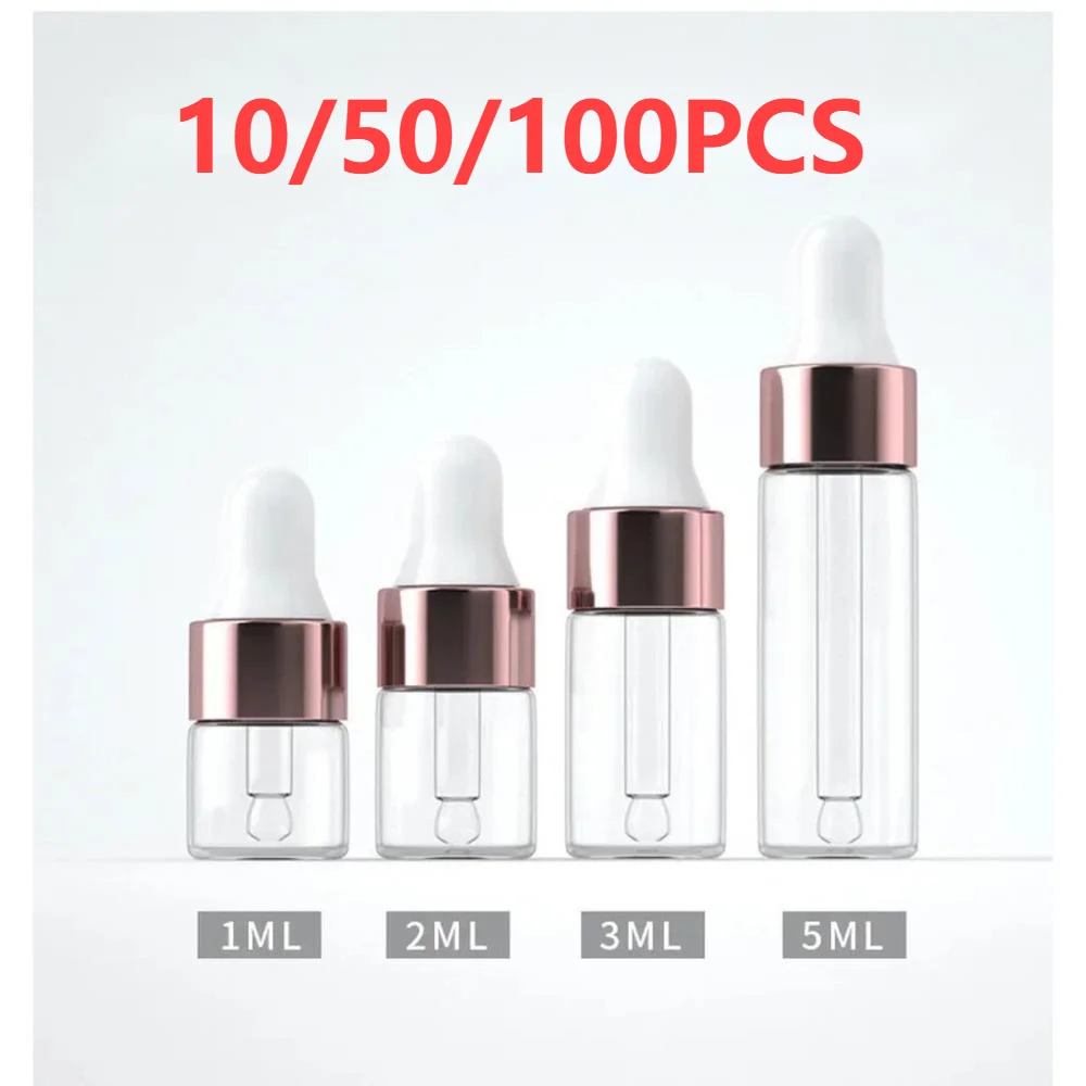 

10/50/100 шт. мини-флаконы-капельницы из стекла объемом 1-5 мл с крышками цвета розового золота, пипетки для эфирных масел, ароматерапии, многоразовые, для путешествий