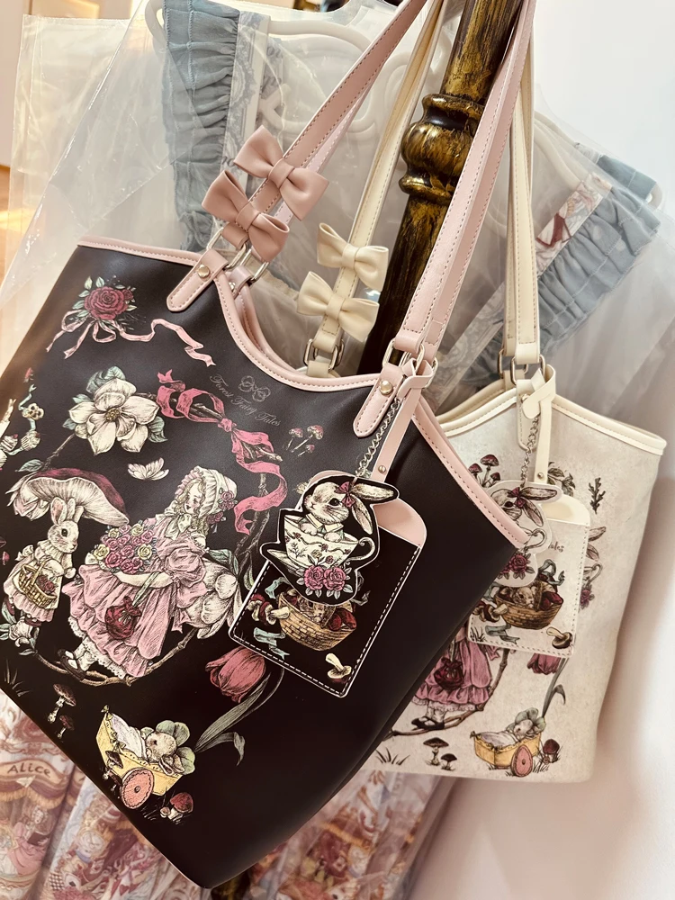 

Japanese Sweet and Cute Cartoon Fairy Tale Print Lolita Bow Tote Bag Women's Versatile Daily Large-capacity Shoulder Bag Women