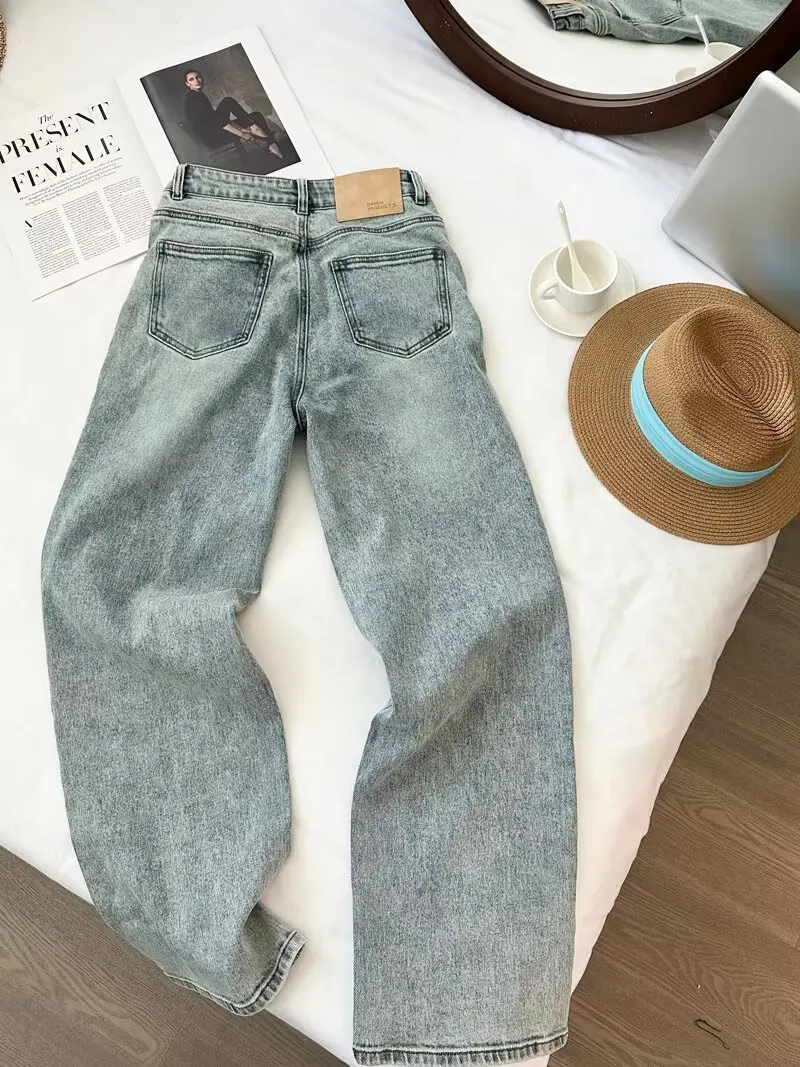 

Женские джинсы прямого кроя в стиле ретро, осенние, с эффектом потертости, широкие брюки, утягивающие, универсальные, с естественной линией талии, из денима с покрытием, на пуговицах