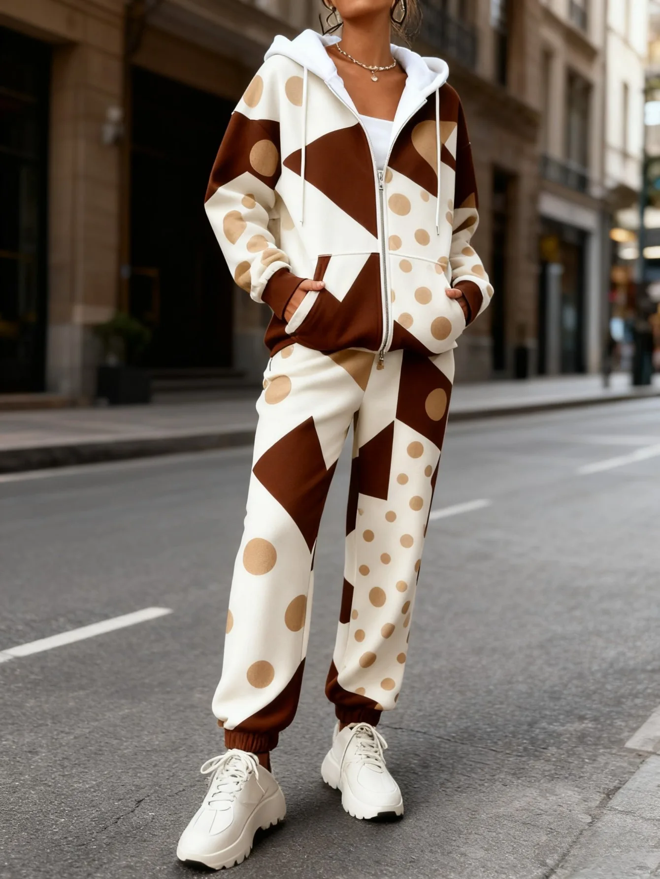 Conjunto de Pantalones y Chaqueta de Punto con Cierre para Mujer, Otoño/Invierno, con Estampados 3D para Calidez, Ropa Casual y Moderna de Calle