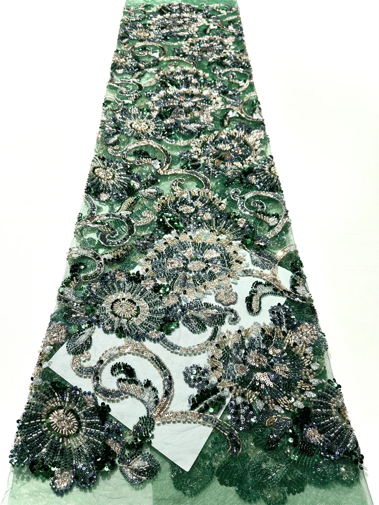 African Beaded Lace Fabric French Tulle Lace Luxury 2025 High Quality Lace Nigerian Sequins Beads Fabric For Women Wedding Dress