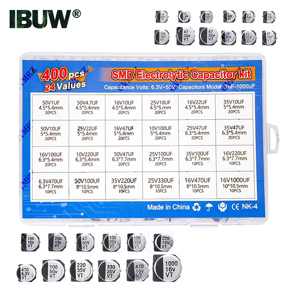 400 قطعة 24 قيمة SMD مُكثَّف كهربائيًا عدة 1 فائق التوهج-1000 فائق التوهج 6.3 فولت-50 فولت لمشاريع الإلكترونيات