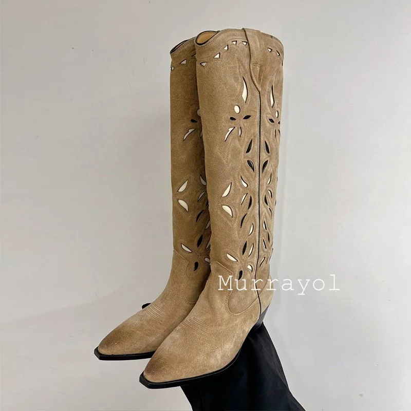 New Pointed Toe Cow Suede knee-high Boots Women Hollow Out Design Thick Heels Long Boots Spring Autumn Fashion Runway Boots