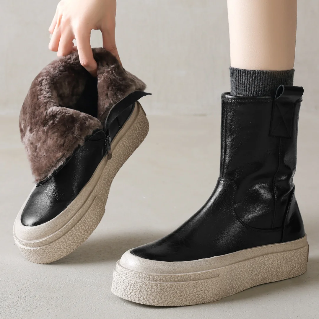 Women's genuine leather wool inside winter ankle snow boots thick sole platform flats casual female cold weather short booties