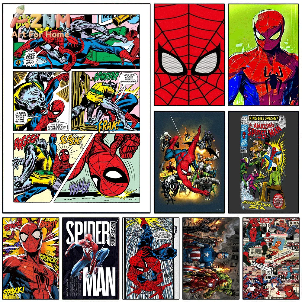 AZNM Spiderman Vs Villain Fight Comic Panel Canvas Wall Print, Vintage Superhero Battle Scene Comic Book Art Poster, Unframed