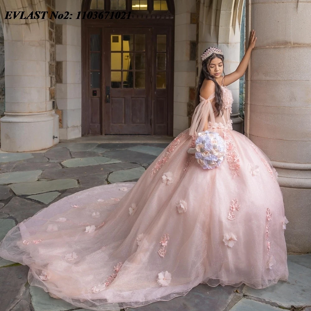 EVLAST индивидуальное розовое платье Quinceanera с цветочным принтом, бальное платье, блестящая аппликация, галстук из бисера, корсет Sweet 16, Vestidos De 15 Anos E2Q06