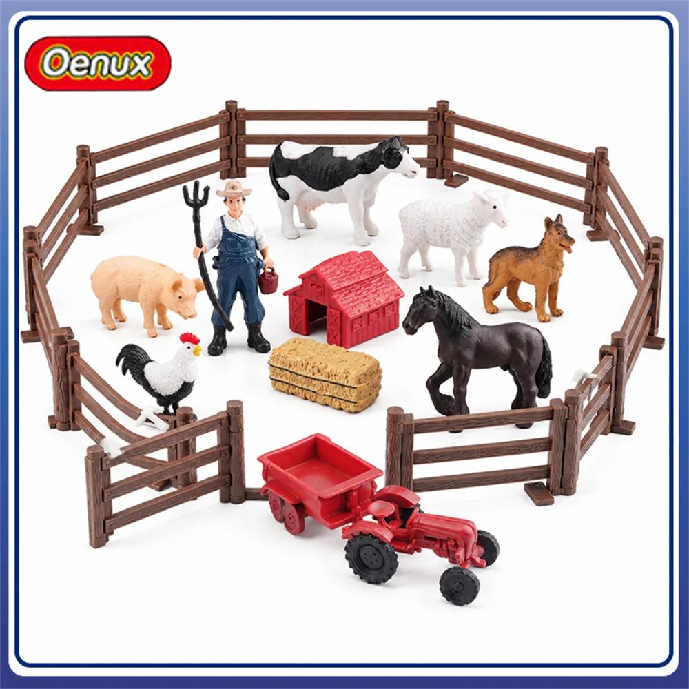 Oenux Realistic Farm Animal Figurine Solid Plastic Model Miniature Fence Set Cow Horse Sheep Poultry Decor Ornament Toy