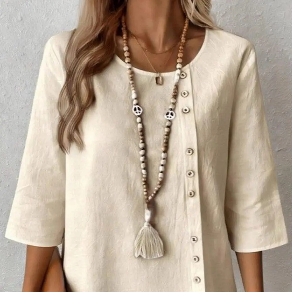 

2026 Women Half Sleeved Solid Color T-shirt Casual Round Neck Button Up Temperament Top Simple Design Breathable Fabric Blouse