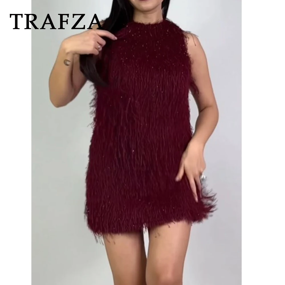 

TRAFZA Chic Wine Red Tassel Tank Women's Dress Pleated Sheath Sleeveless Sexy Dress Club 2025 Fashion Night Party Spring Vestido