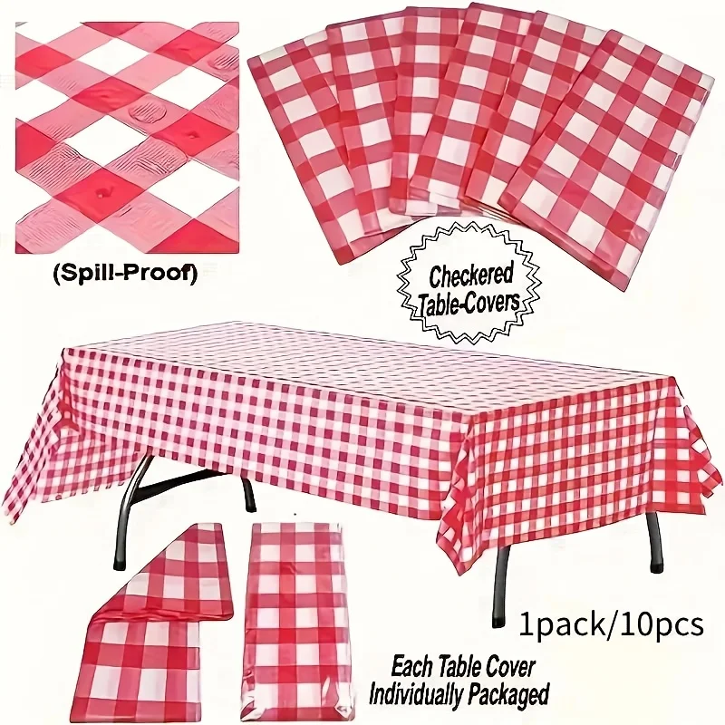 Mantel de plástico desechable a cuadros rojo, 10 unidades, 160x160cm, impermeable, grueso, para mesas rectangulares redondas para fiesta de boda