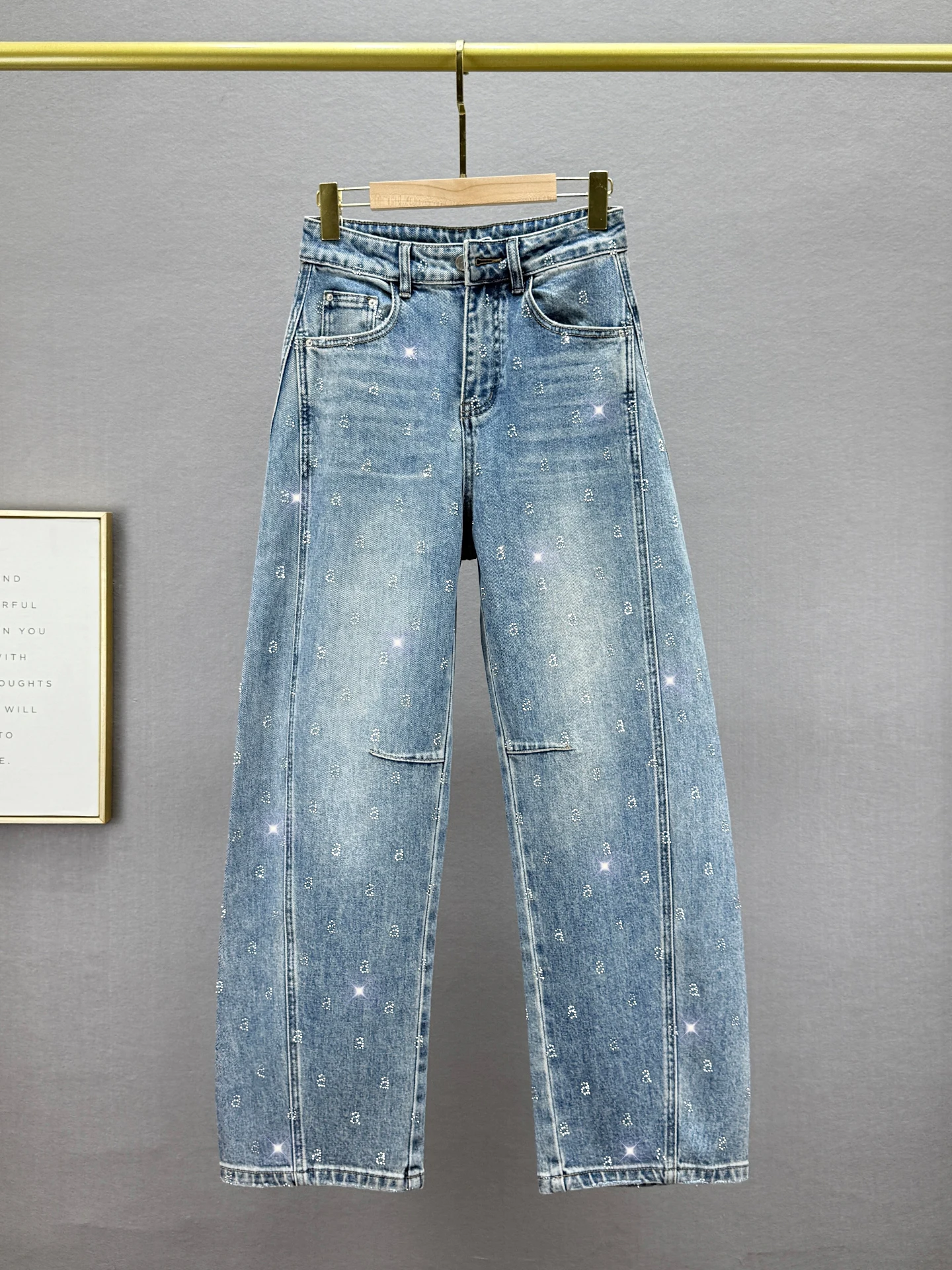

High Waist Loose Fit Glitter Denim Jeans Women's Knife Spring New Sle European Heavy Du Floor Length Pants